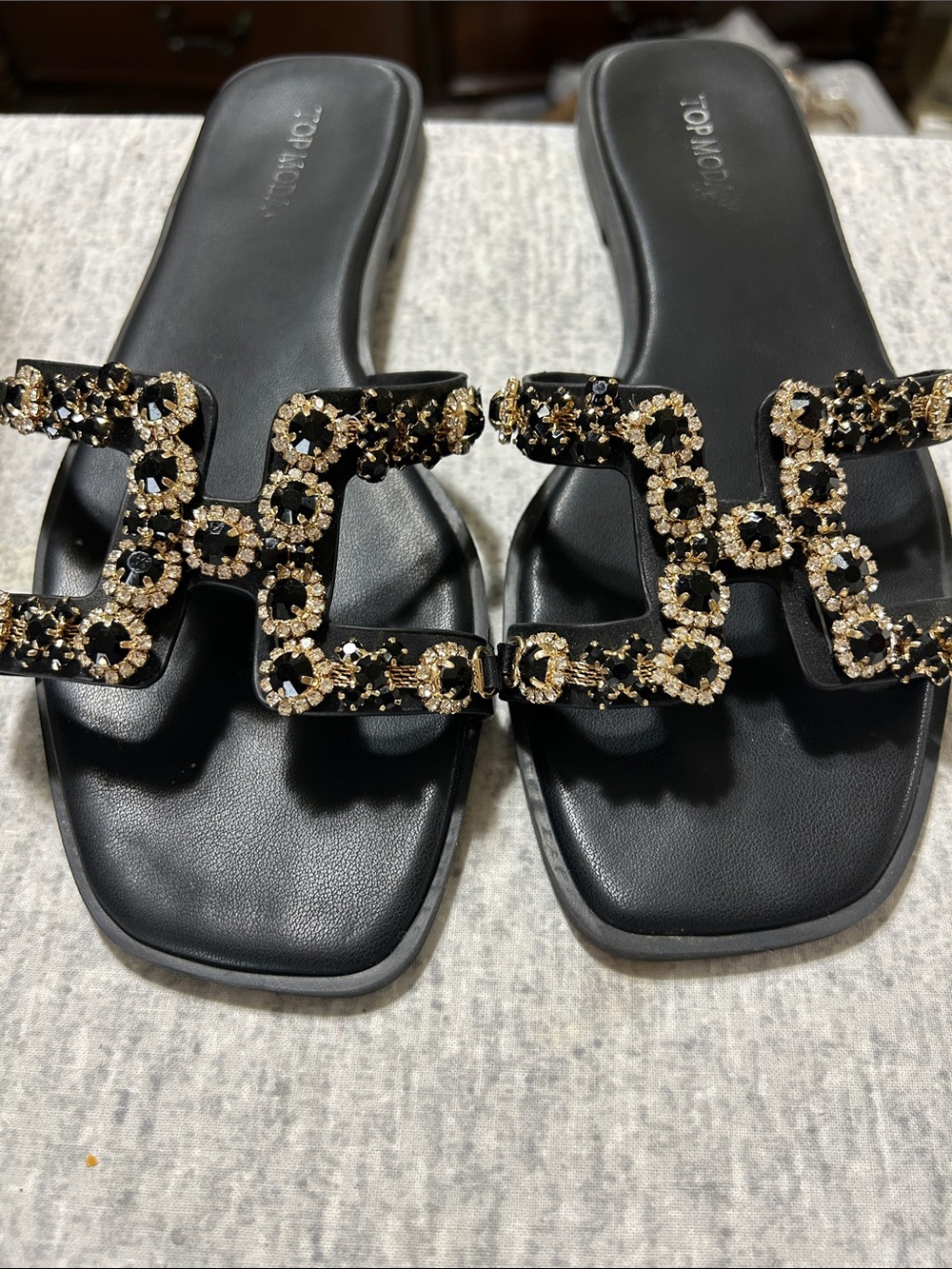 TOP Moda Black Slides with Gold Crystal Chain Accent